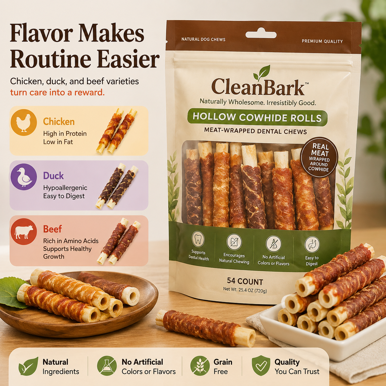 CleanBark™ Dogs Treats Snack Dental Cowhide Rolls Chew Sticks Chicken, Duck ,Beef Stuffed Dog Treats