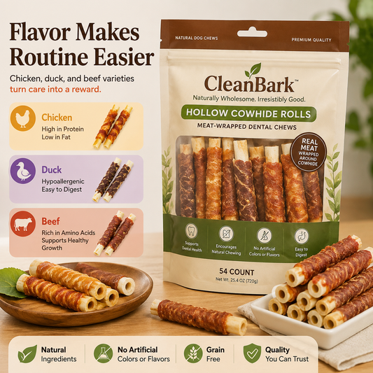 CleanBark™ Dogs Treats Snack Dental Cowhide Rolls Chew Sticks Chicken, Duck ,Beef Stuffed Dog Treats